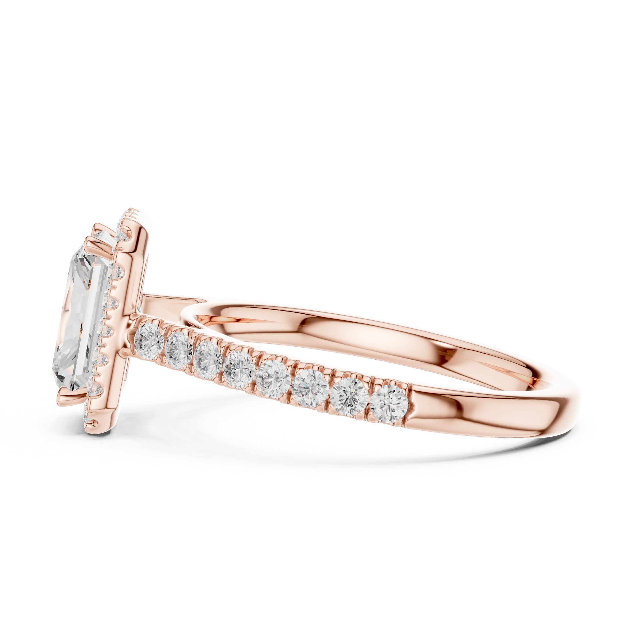 Side view of rose gold radiant cut diamond ring with brilliant halo highlighting band profile and center stone elevation
