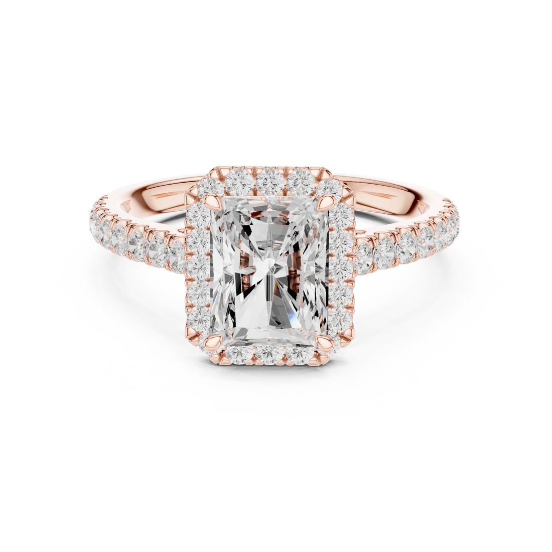 Rose gold brilliant halo radiant cut diamond ring with lab-grown center stone surrounded by halo diamonds, romantic modern design