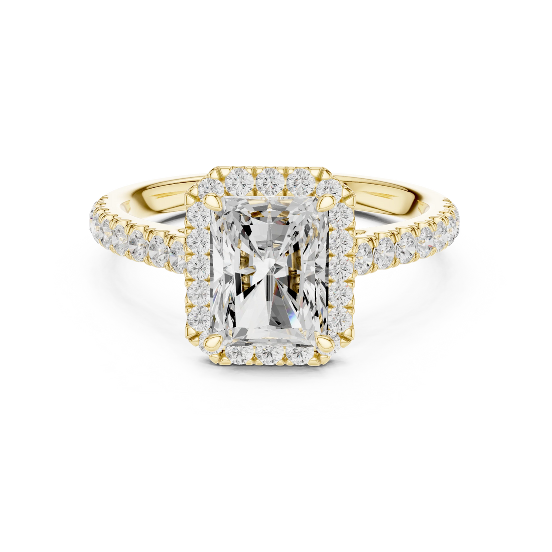 Yellow gold brilliant halo radiant cut diamond ring with lab-grown center stone encircled by halo diamonds, classic luxurious style
