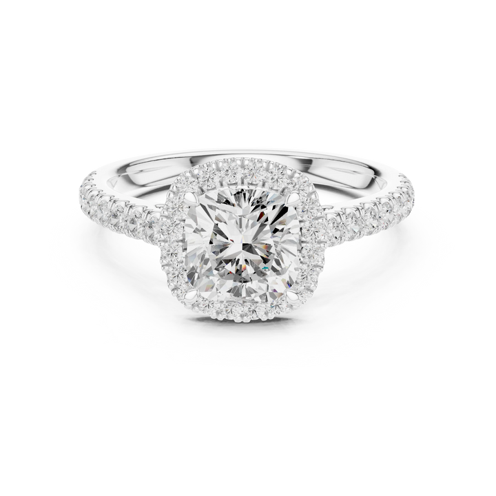 Front view of white gold classic halo cushion cut diamond ring with lab-grown center stone surrounded by halo diamonds, soft elegant design