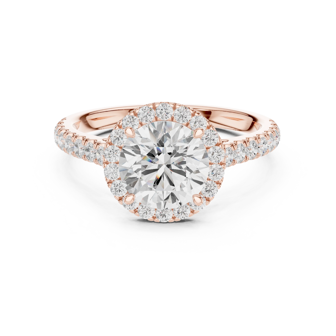 Rose gold classic halo round diamond ring with lab-grown center stone surrounded by halo diamonds, romantic modern look