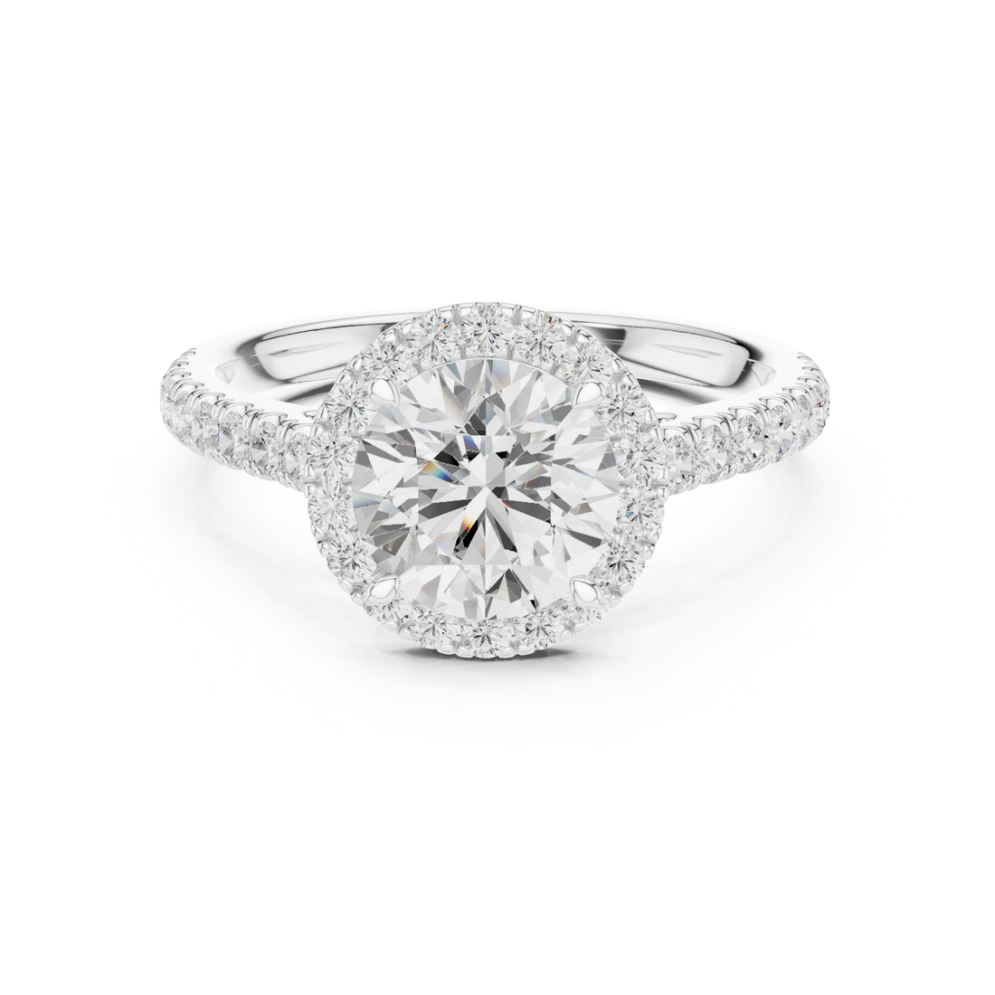 White gold classic halo round diamond ring with lab-grown center stone surrounded by halo diamonds, timeless elegant design