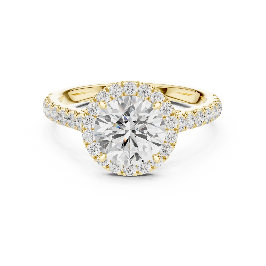 Yellow gold classic halo round diamond ring with lab-grown center stone encircled by halo diamonds, classic style