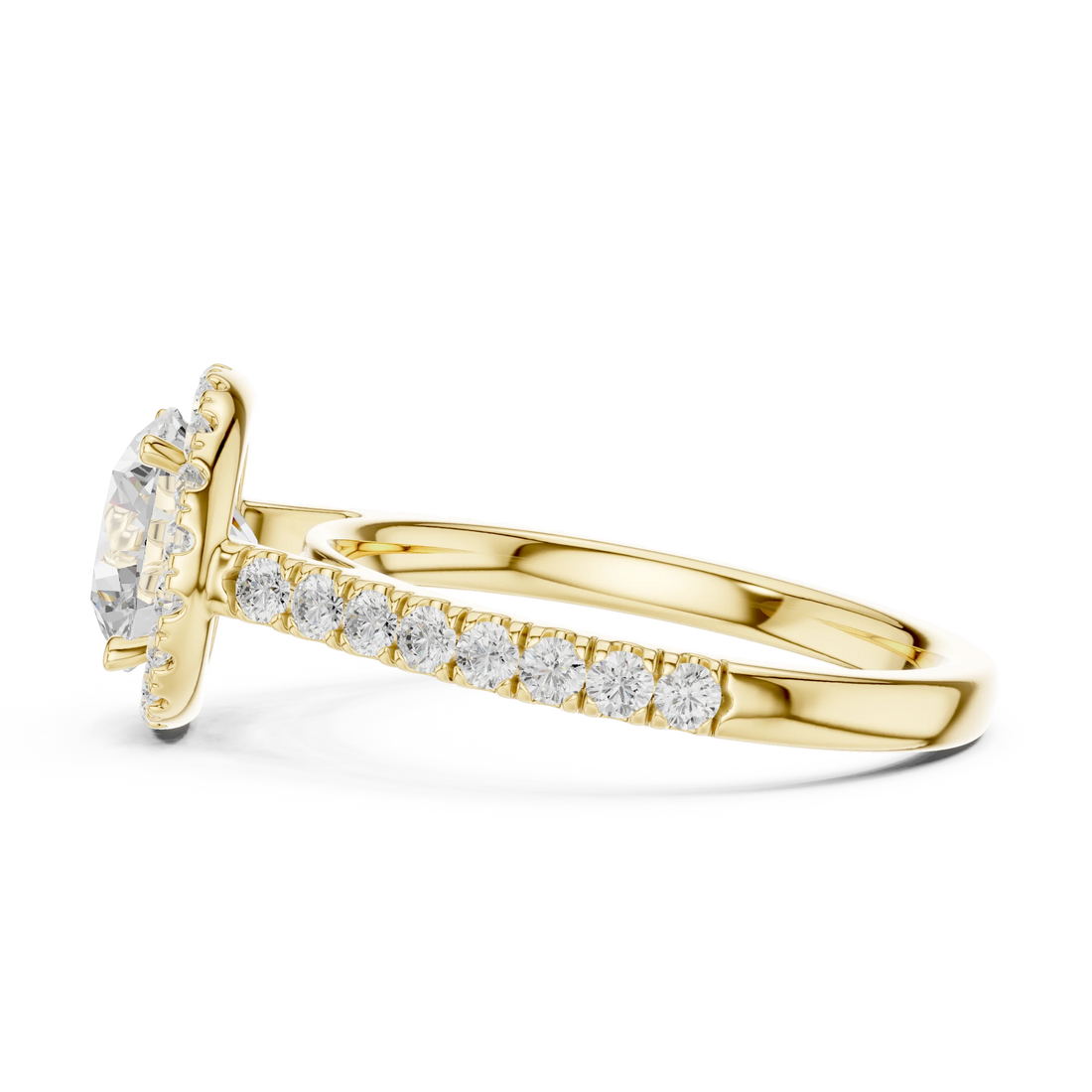 Side view of yellow gold classic halo round diamond ring highlighting halo setting and band structure
