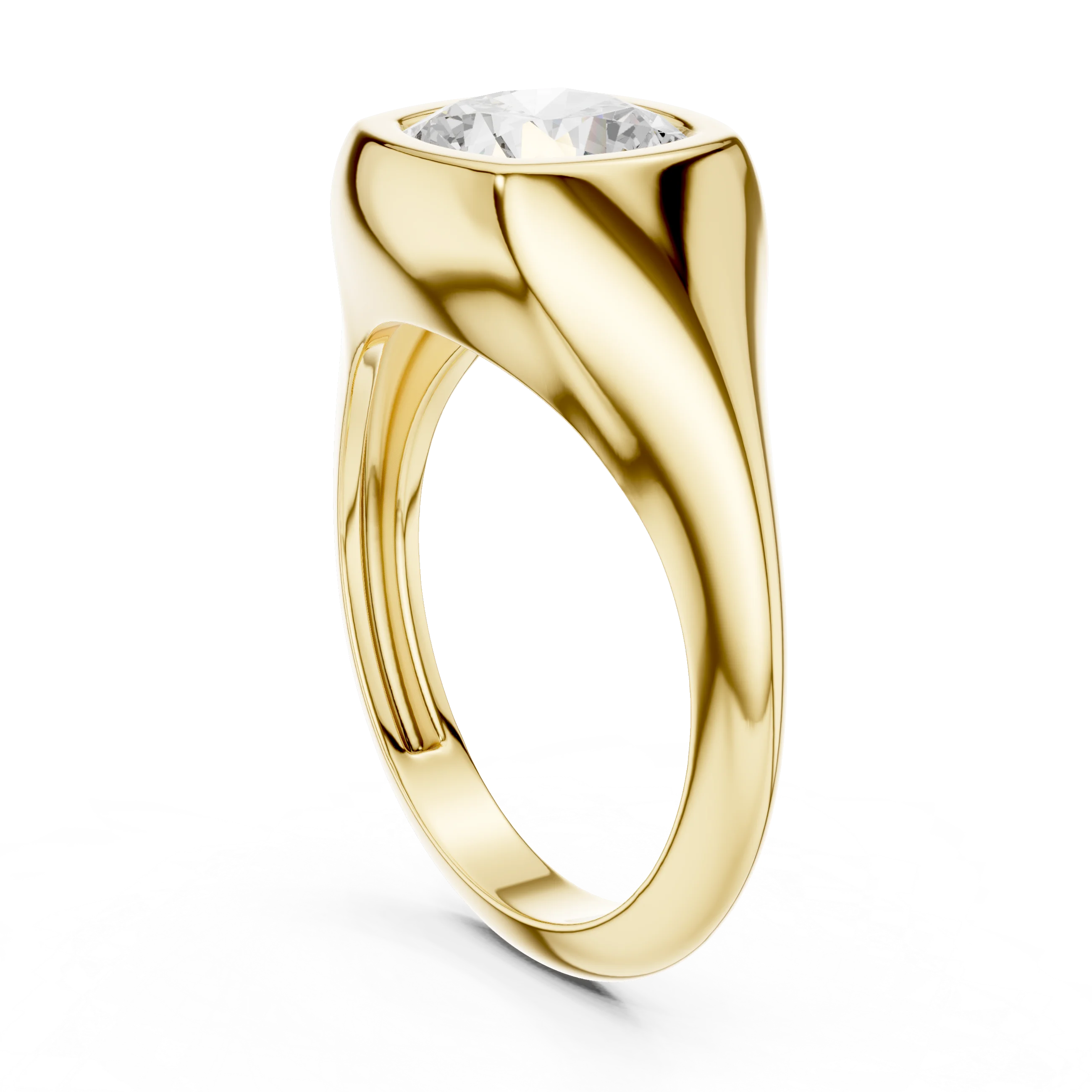 Back side view of yellow gold cushion bezel set signet style ring, showing band structure.