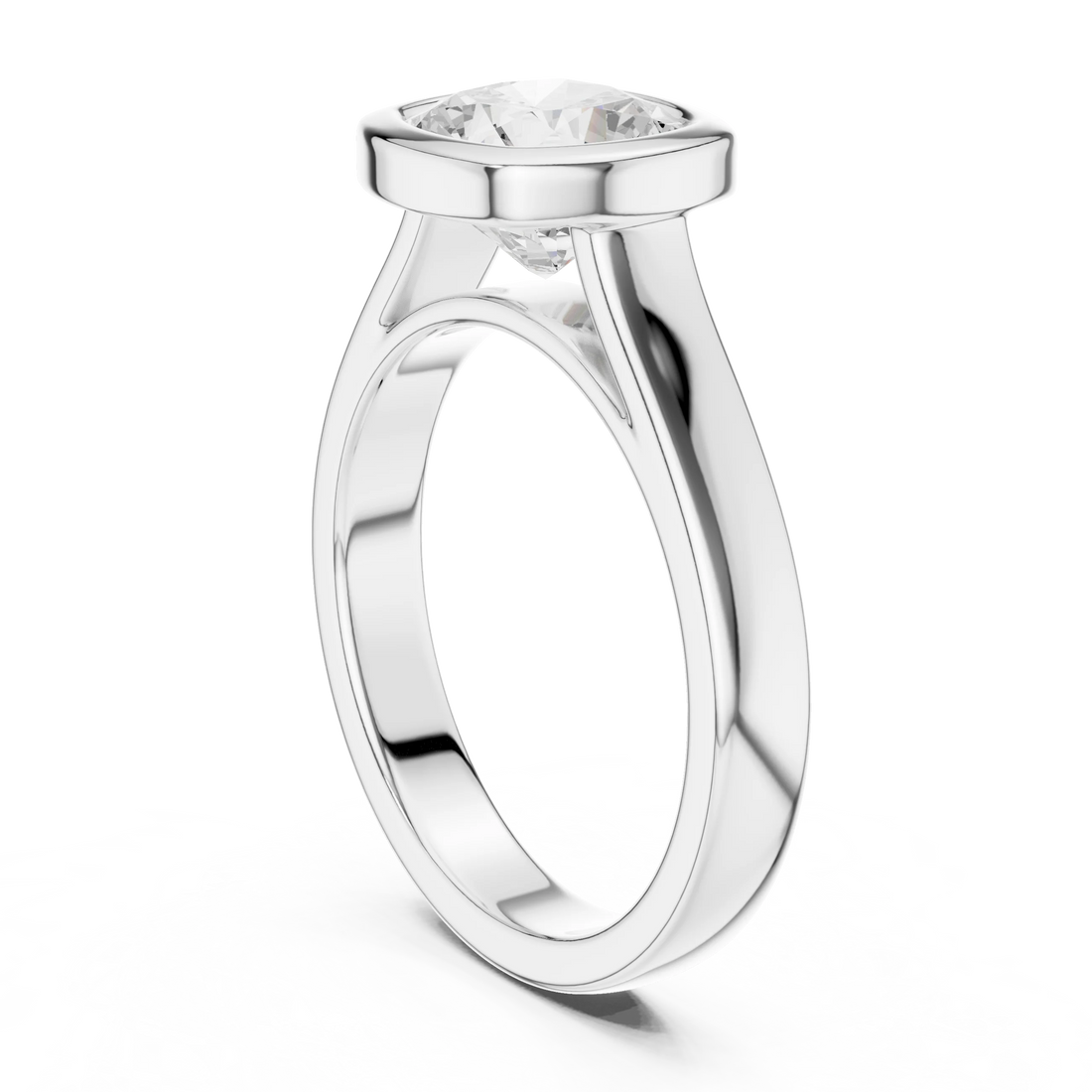 Back side view of white gold cushion bezel solitaire ring with lab-grown diamond – Australia