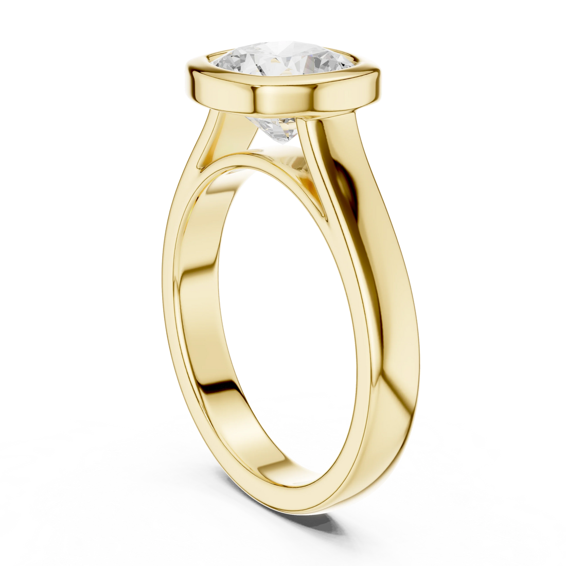 Back side view of yellow gold cushion bezel solitaire ring with lab-grown diamond – Australia