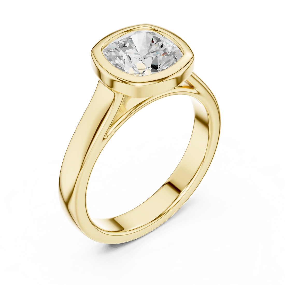 Front view of yellow gold cushion bezel solitaire ring with lab-grown diamond – Australia