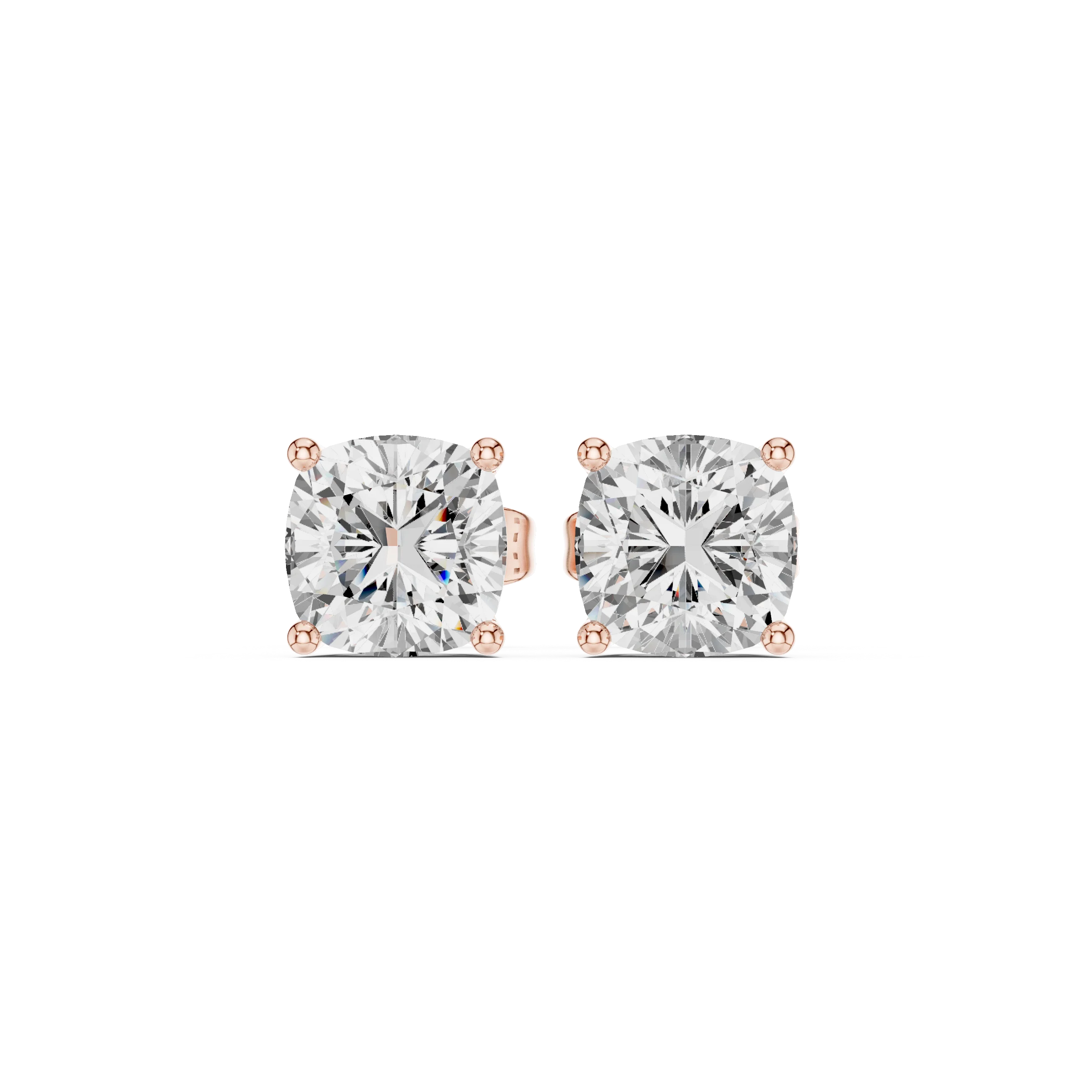 Pair of diamond stud earrings in rose gold on a white background