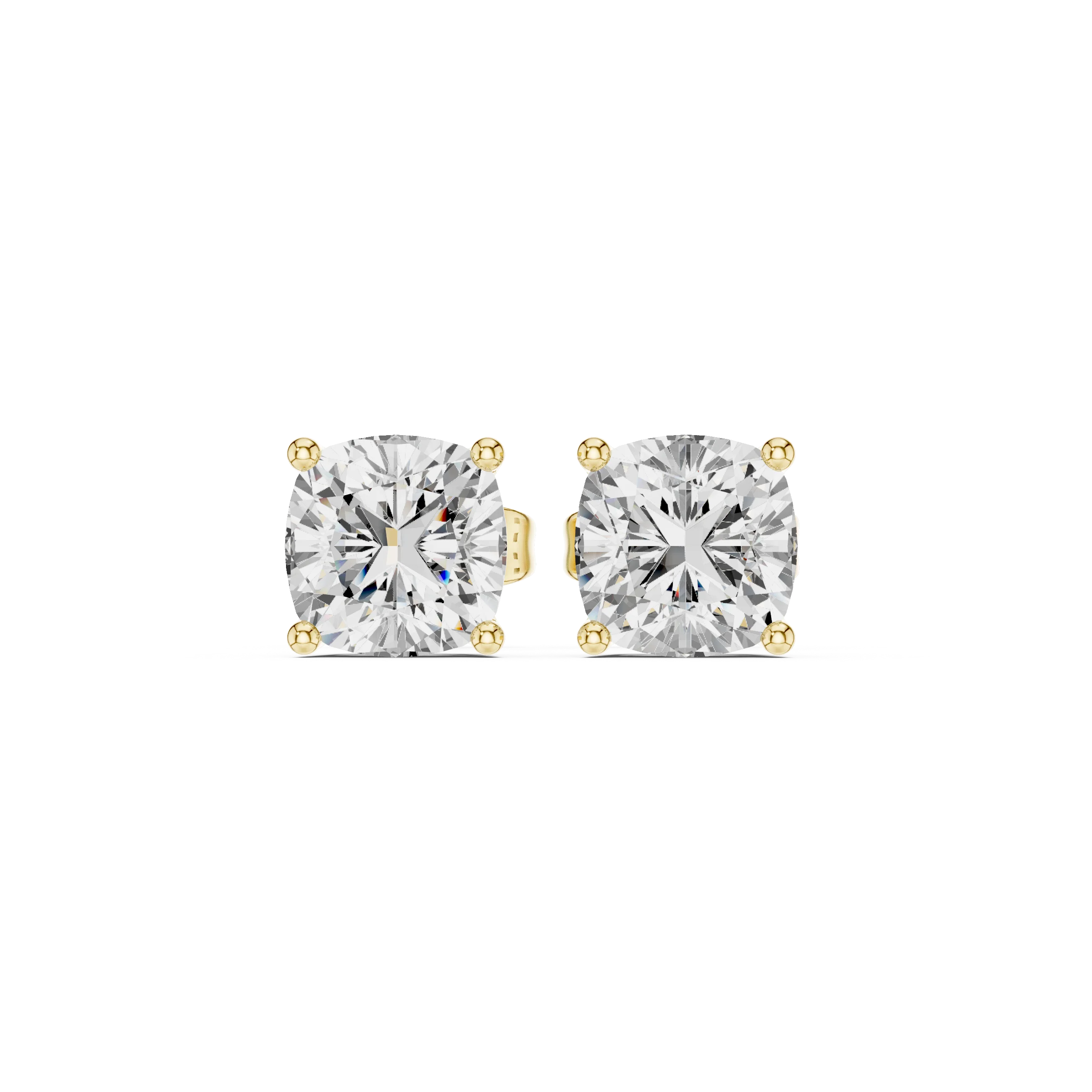 Pair of diamond yellow gold stud earrings on a white background with front view