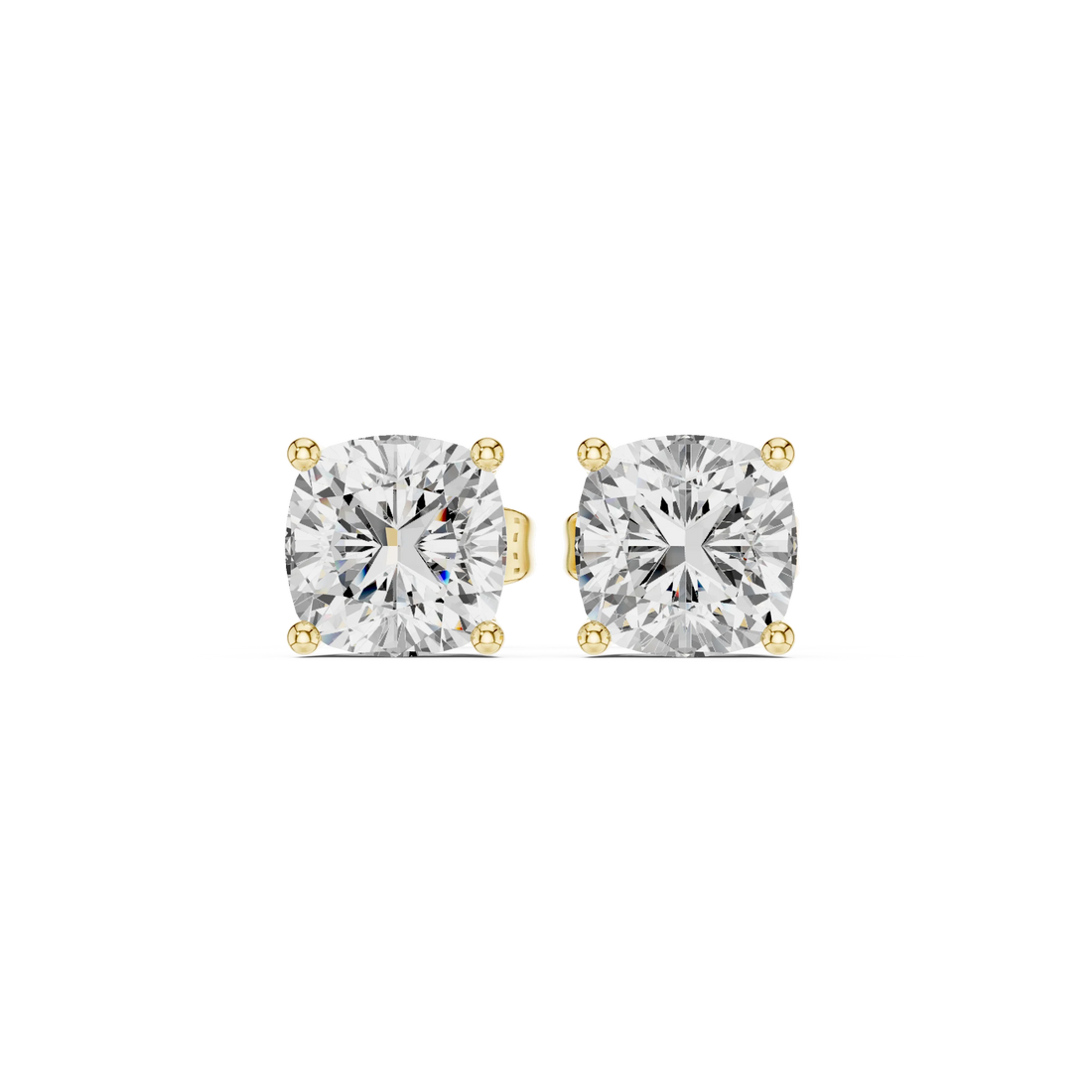 Pair of diamond yellow gold stud earrings on a white background with front view