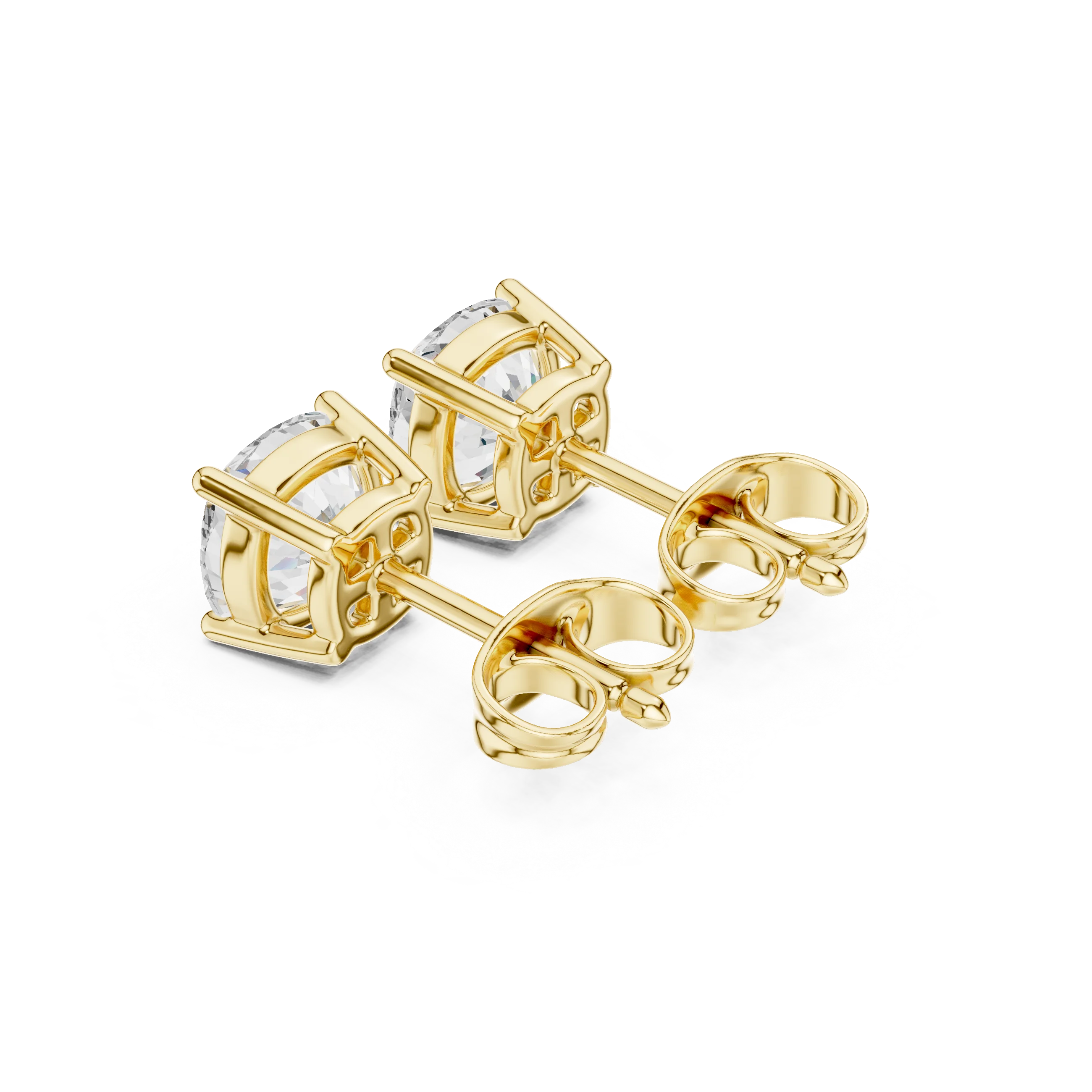 Cushion cut lab grown diamond stud earrings in yellow gold back side view by Diamonds for Everyone Australia
