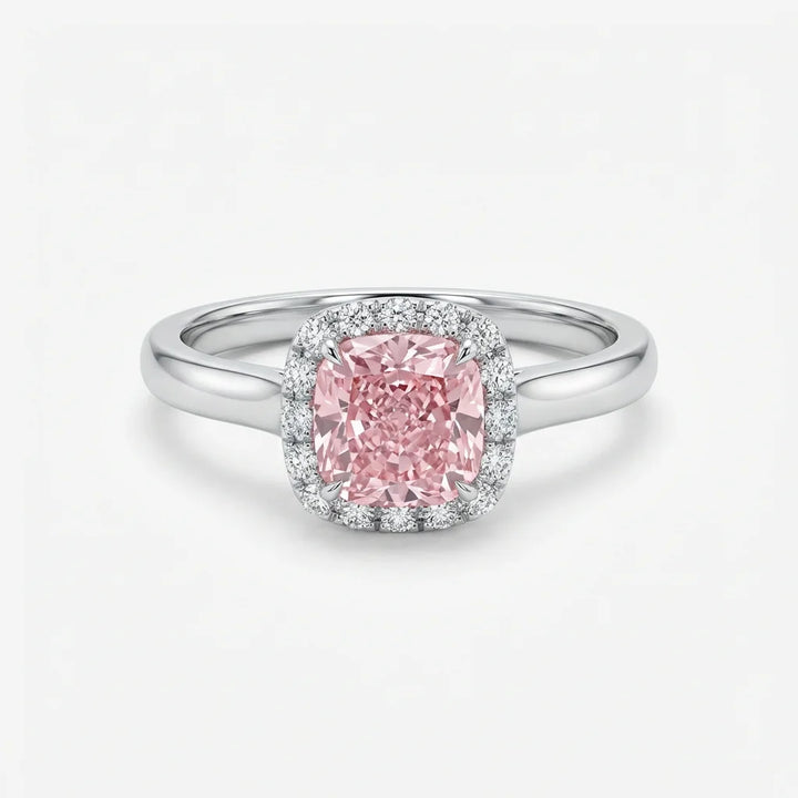 Cushion cut halo fancy pink diamond micropave engagement ring in white gold with lab-grown diamonds – Australia