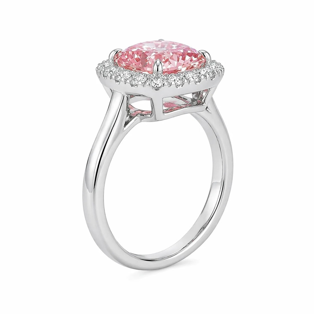 Front side view of cushion cut halo fancy pink diamond micropave engagement ring in white gold with lab-grown diamonds – Australia