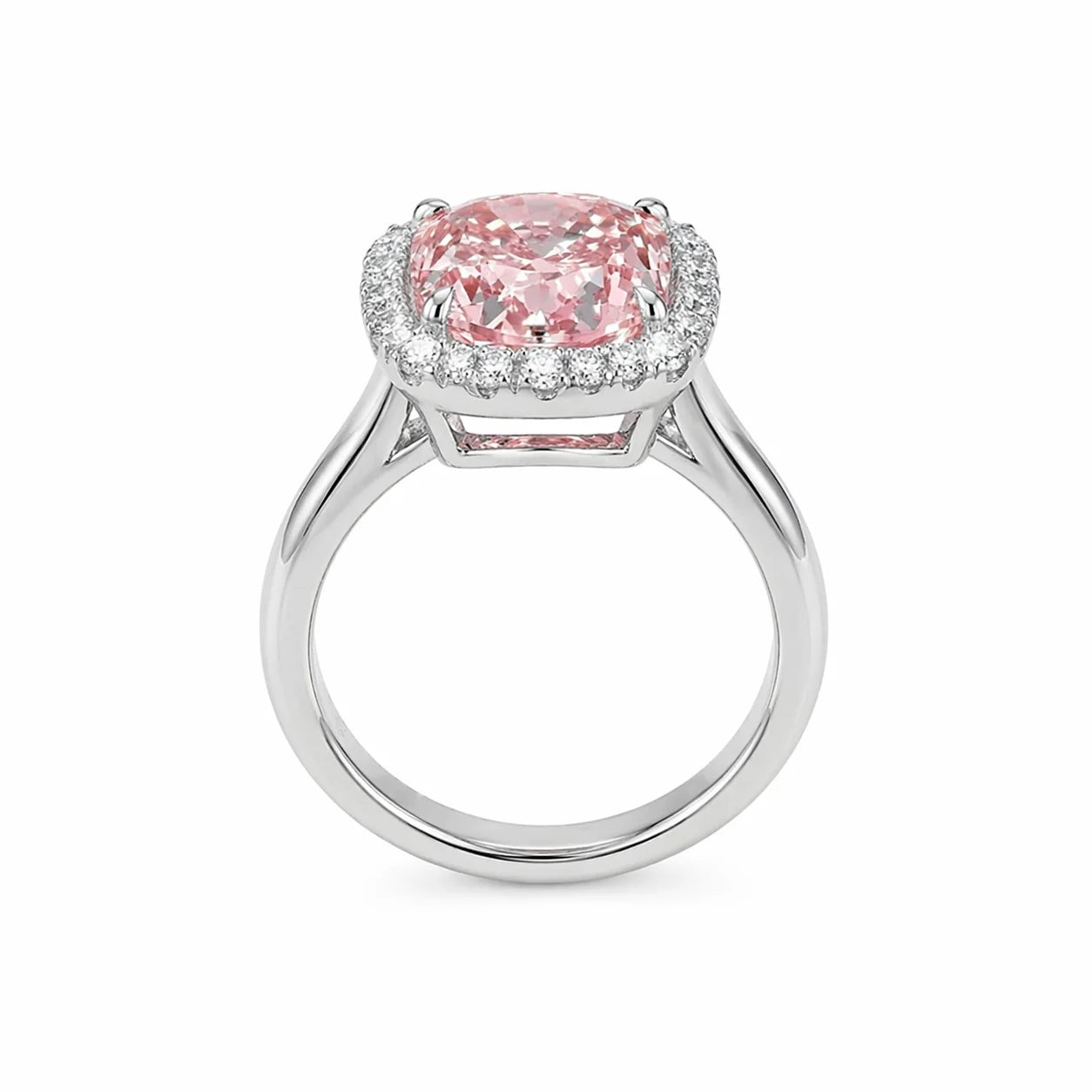 Front view of cushion cut halo fancy pink diamond micropave engagement ring in white gold with lab-grown diamonds – Australia