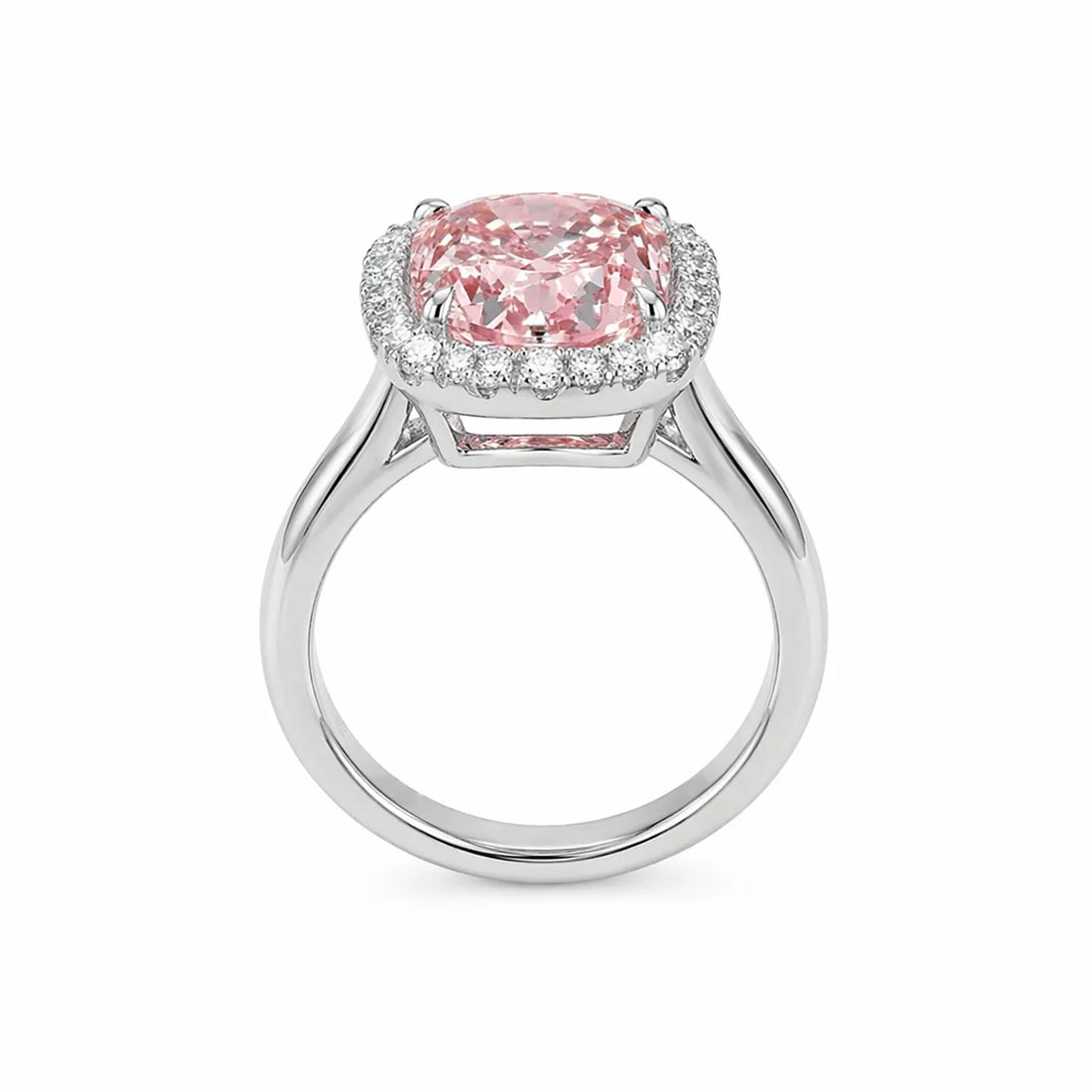 Front view of cushion cut halo fancy pink diamond micropave engagement ring in white gold with lab-grown diamonds – Australia