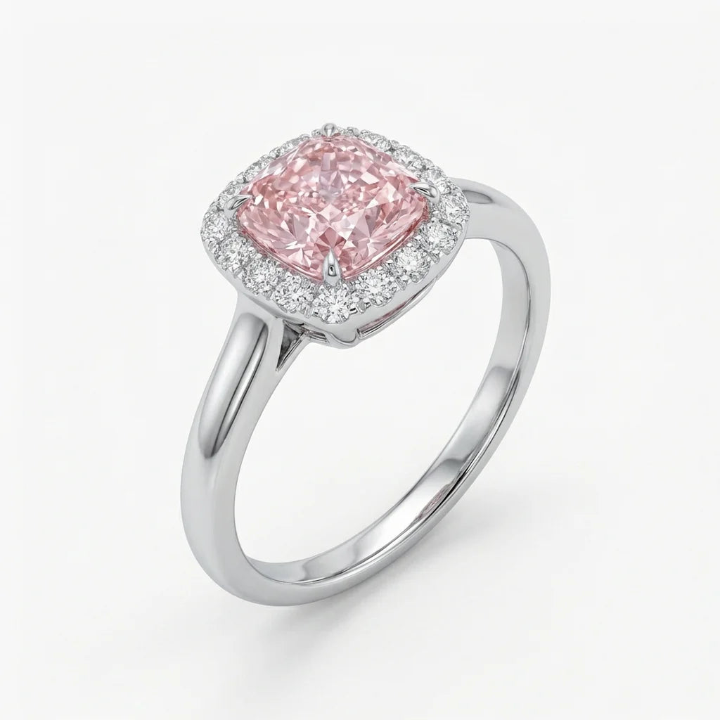 Side view of cushion cut halo fancy pink diamond micropave engagement ring in white gold with lab-grown diamonds – Australia