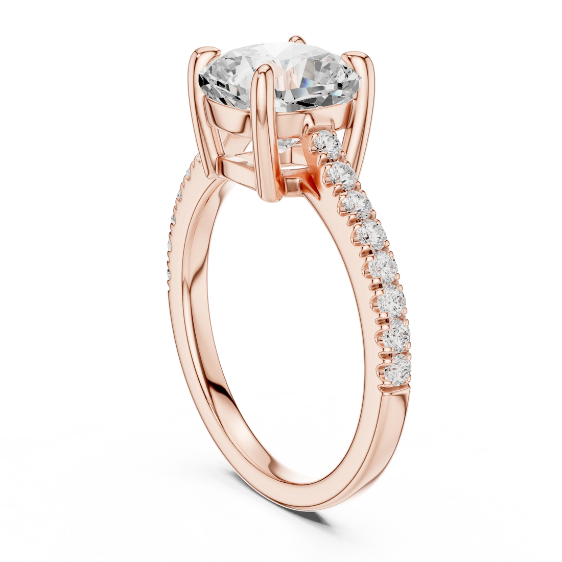 Back side view of rose gold cushion diamond pavé band ring showing band and setting details