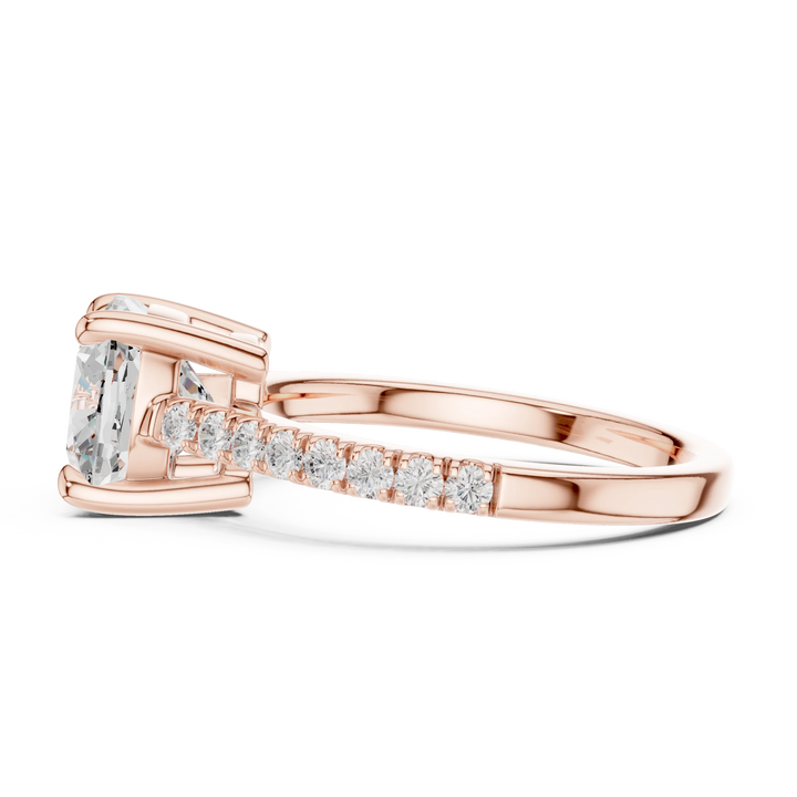Side profile of rose gold cushion diamond pavé band ring with detailed band setting