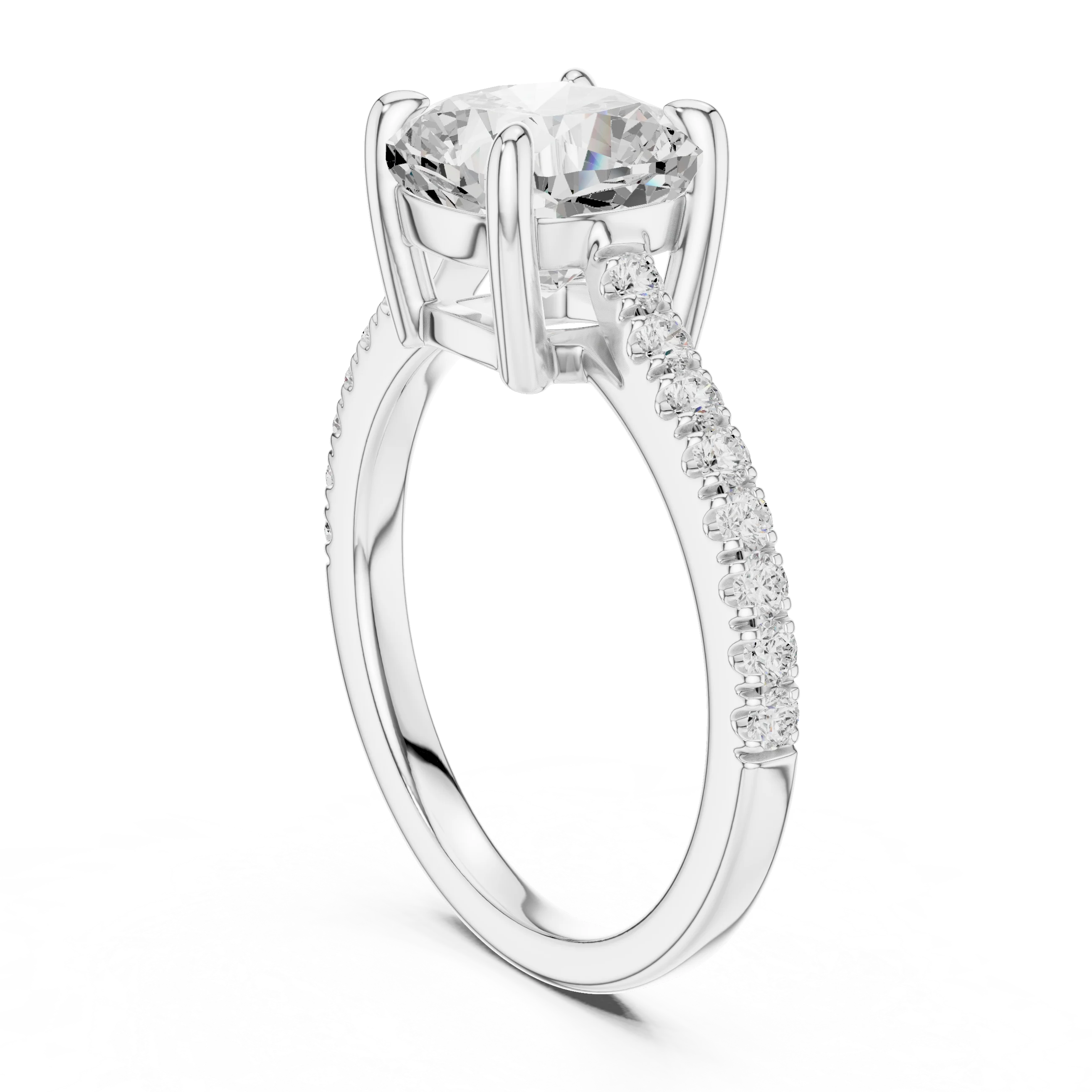 Back side view of white gold cushion diamond pavé band ring showing band and setting details