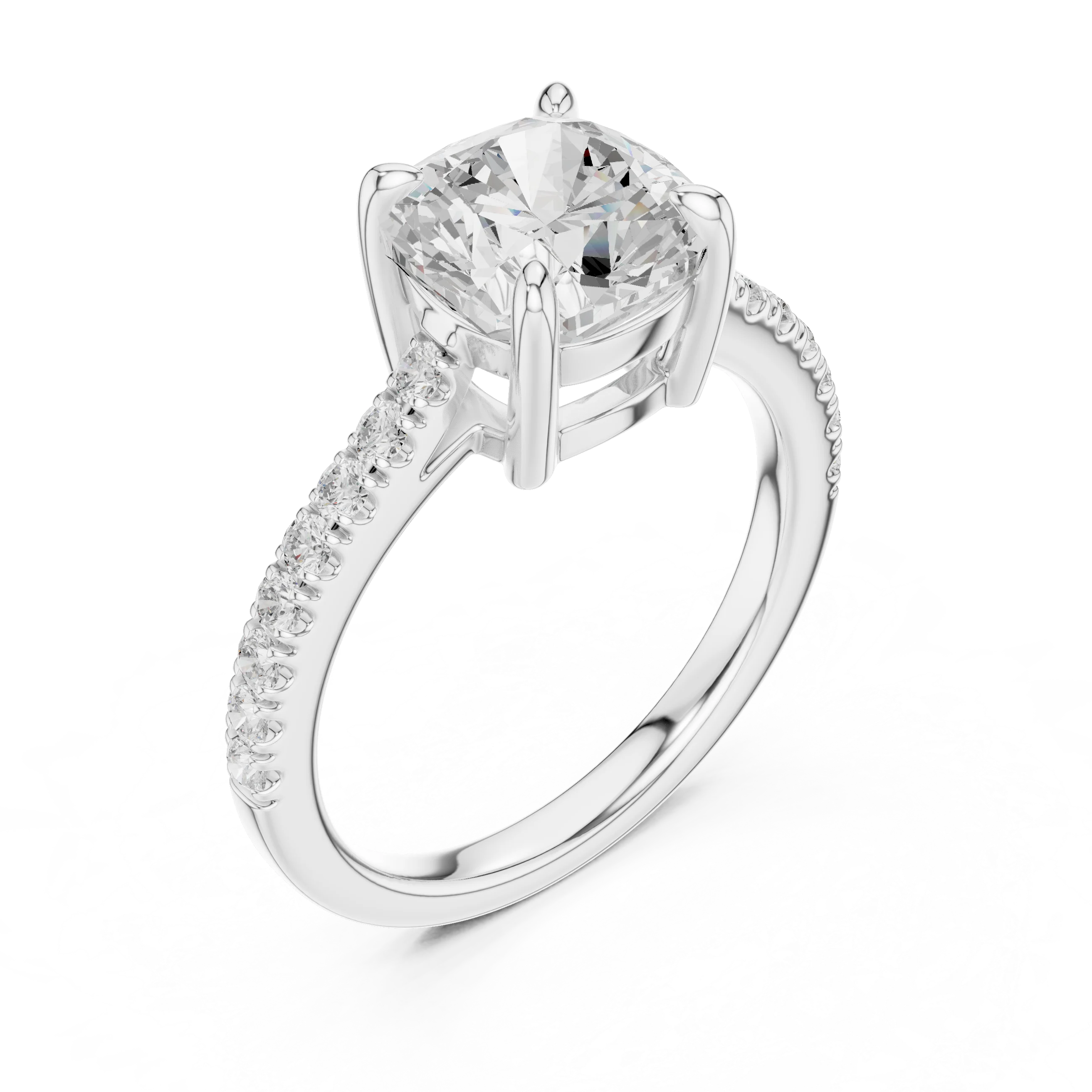 Front view of white gold cushion diamond pavé band ring
