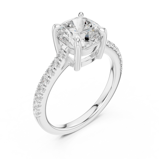 Front view of white gold cushion diamond pavé band ring