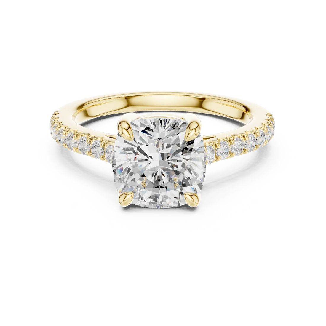 Lab-grown cushion diamond pavé band ring in yellow gold