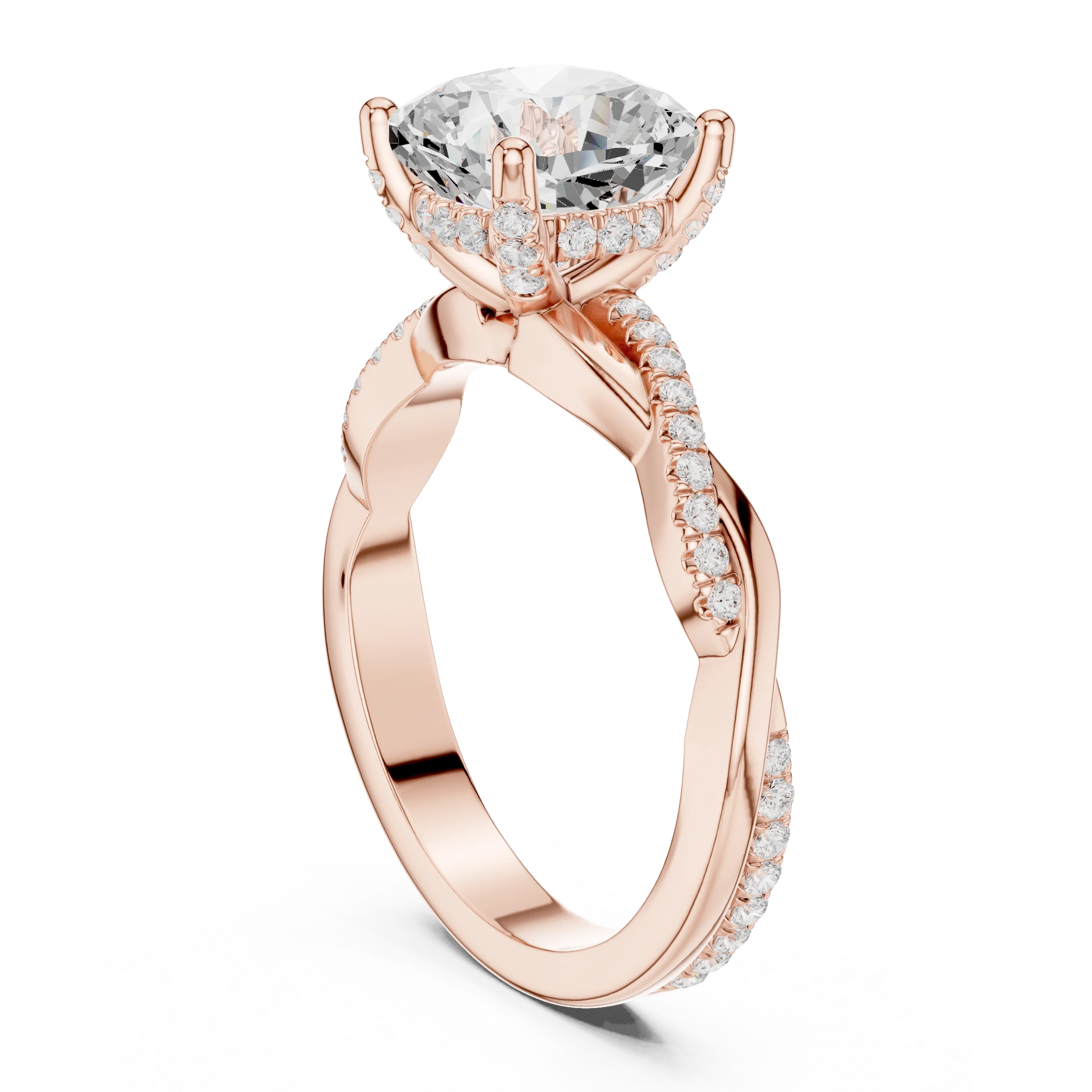 Back view of rose gold cushion diamond ring with twisted vine pave band and lab-grown diamond – Australia
