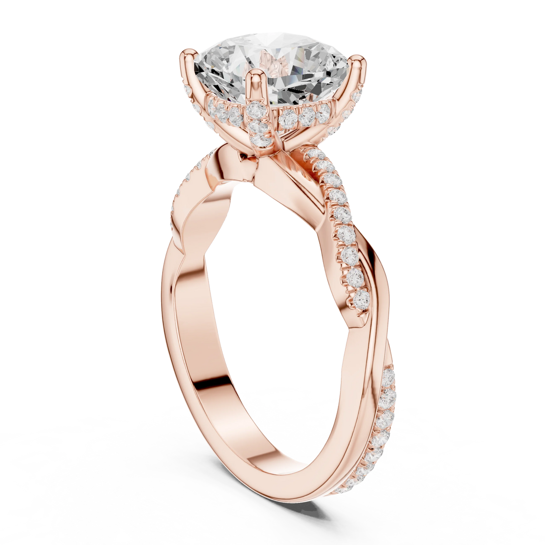 Back view of rose gold cushion diamond ring with twisted vine pave band and lab-grown diamond – Australia