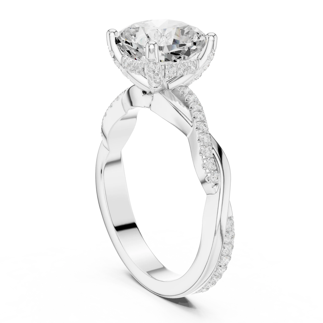 Back view of white gold cushion diamond ring with twisted vine pave band and lab-grown diamond – Australia