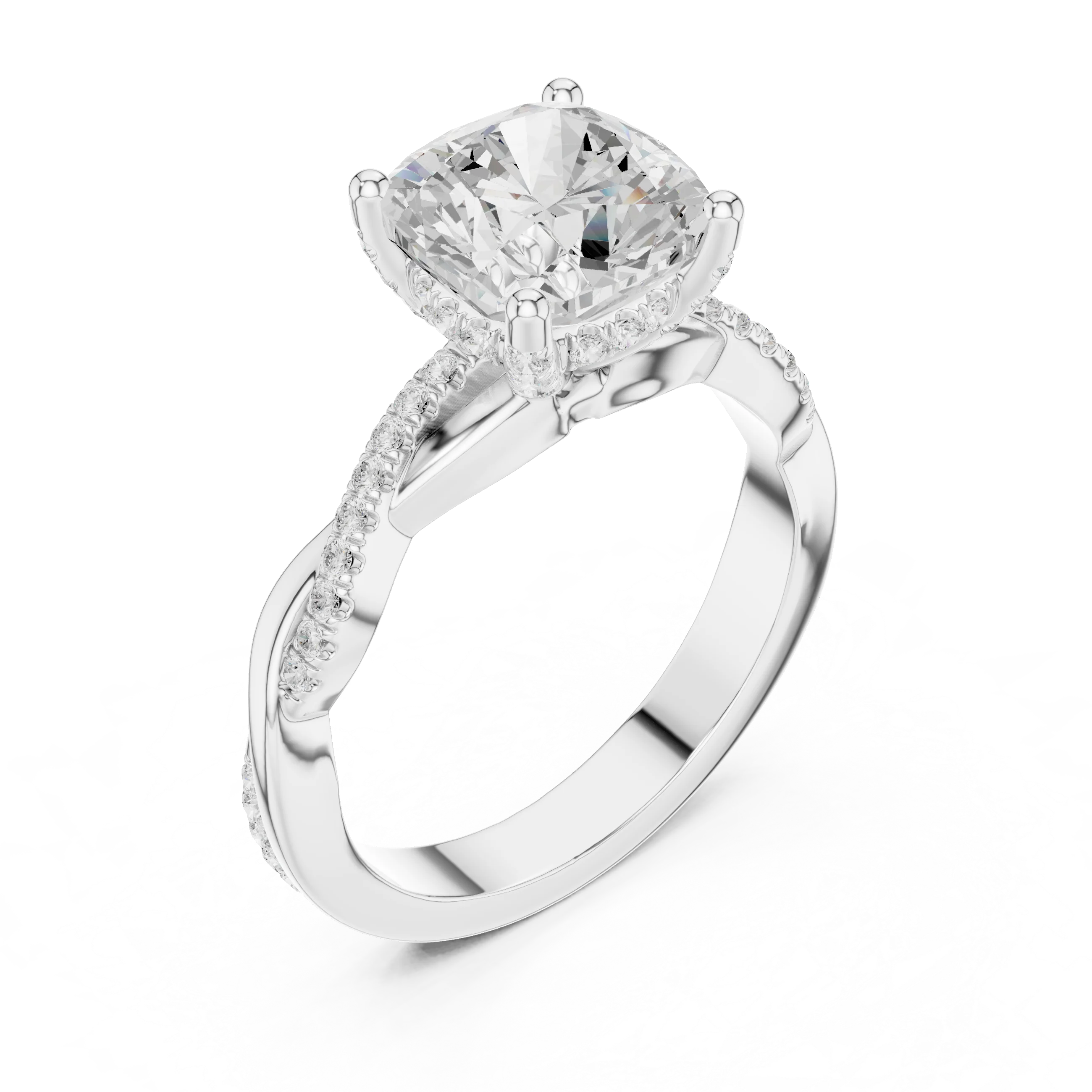 Front view of white gold cushion diamond ring with twisted vine pave band and lab-grown diamond – Australia