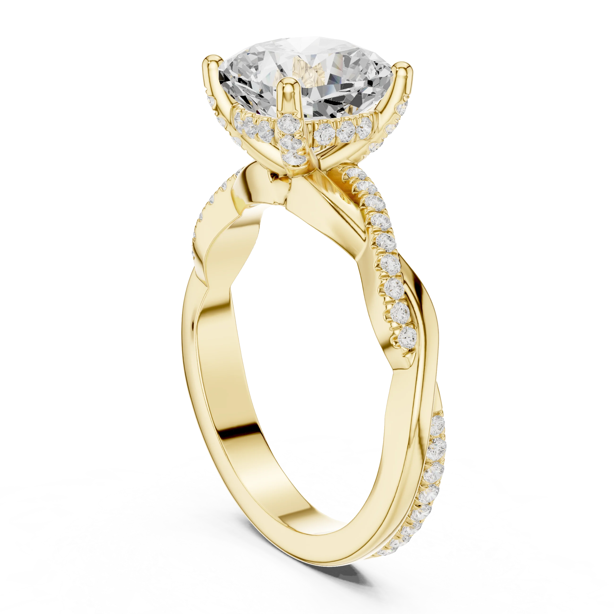 Back view of yellow gold cushion diamond ring with twisted vine pave band and lab-grown diamond – Australia
