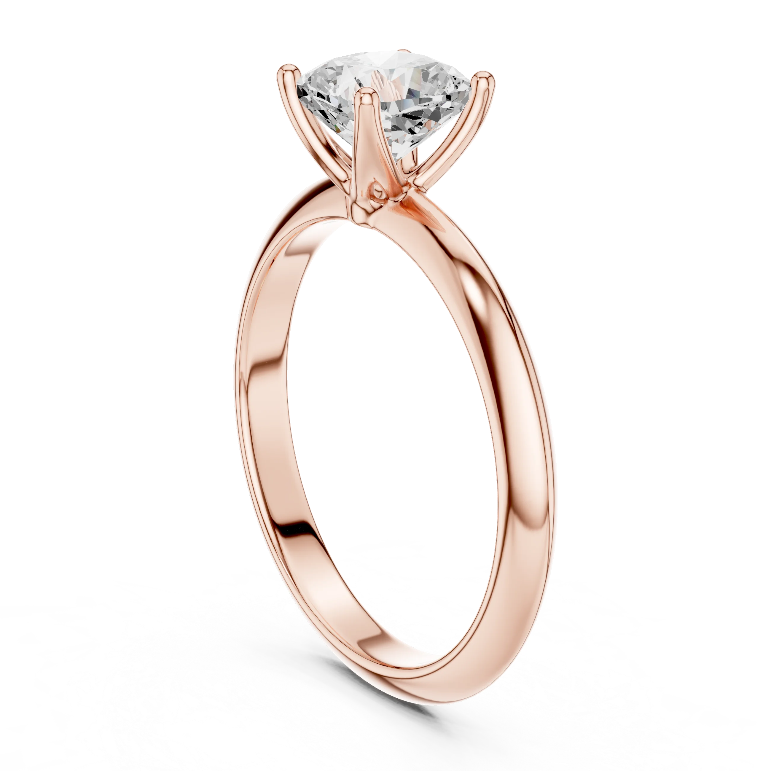 Back side view of rose gold cushion diamond solitaire ring, detailing band and setting