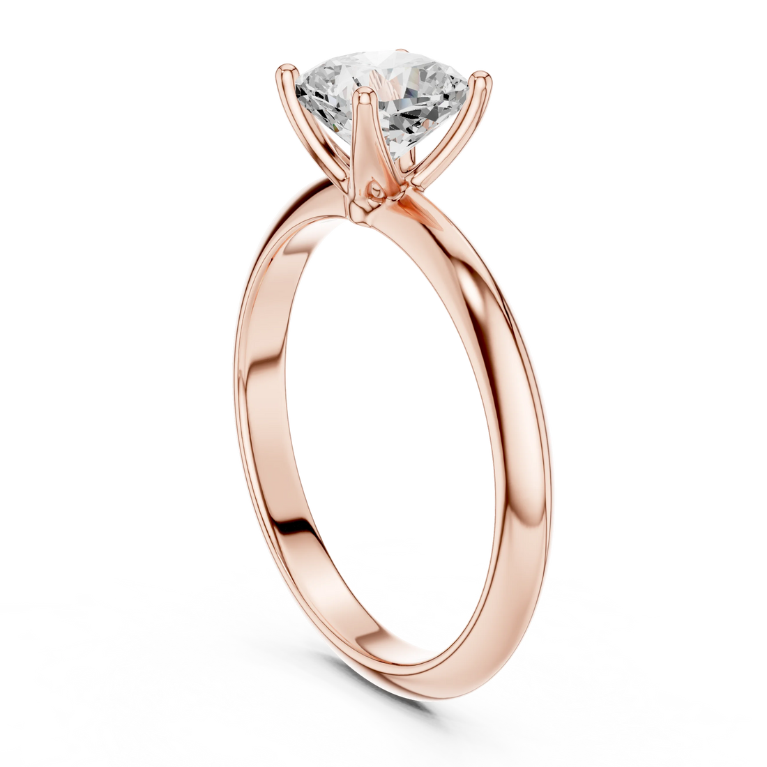 Back side view of rose gold cushion diamond solitaire ring, detailing band and setting