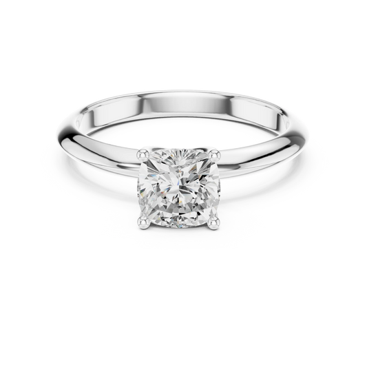 Lab-grown cushion cut diamond solitaire ring in white gold, elegant top view