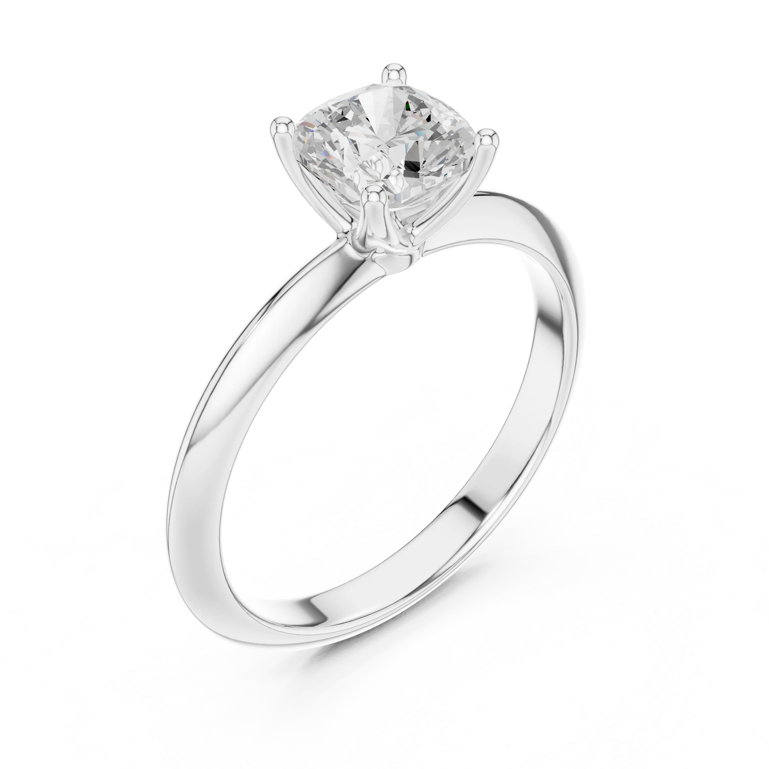 Front view of white gold cushion cut diamond solitaire ring, showcasing center stone