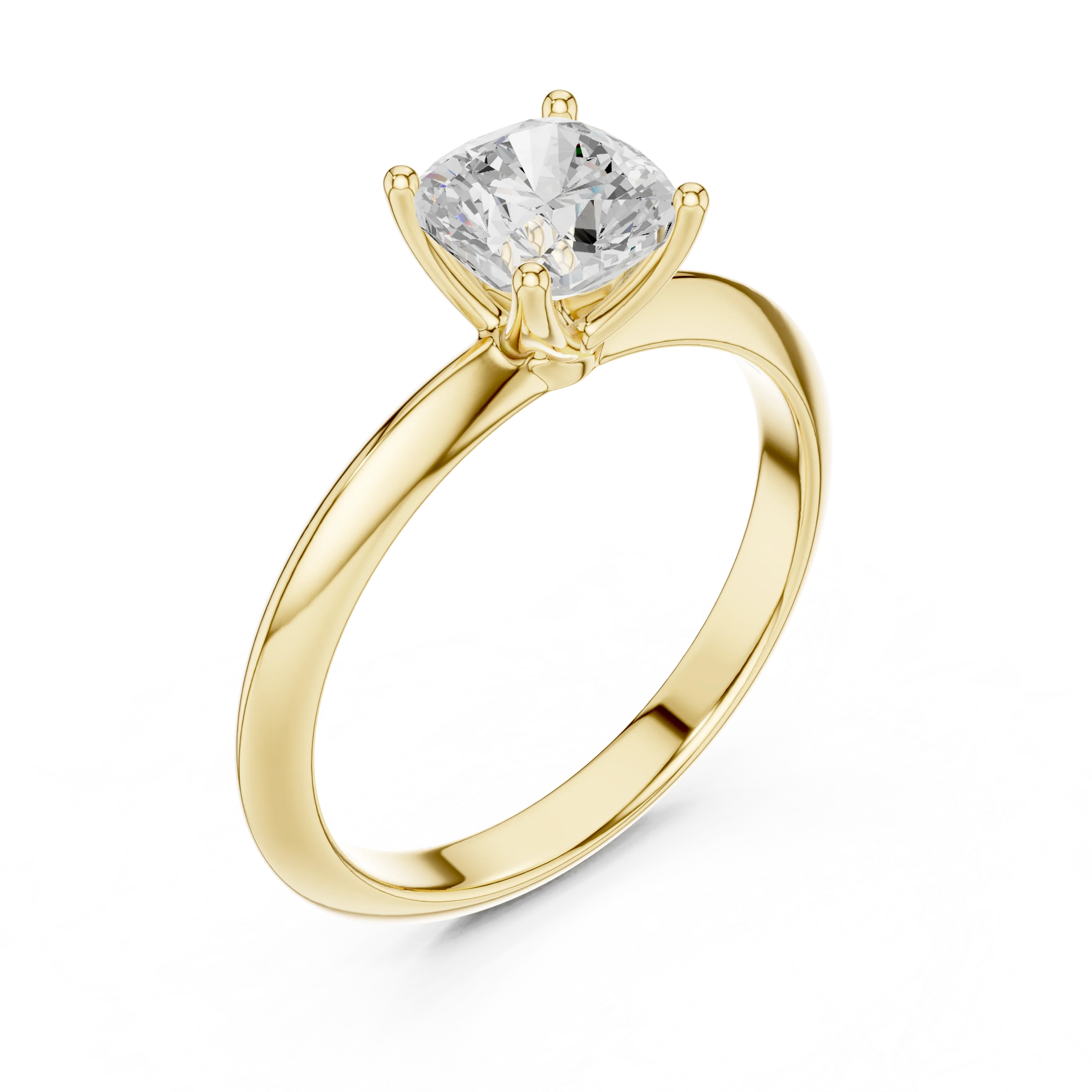 Front view of yellow gold cushion diamond solitaire ring, emphasizing brilliance
