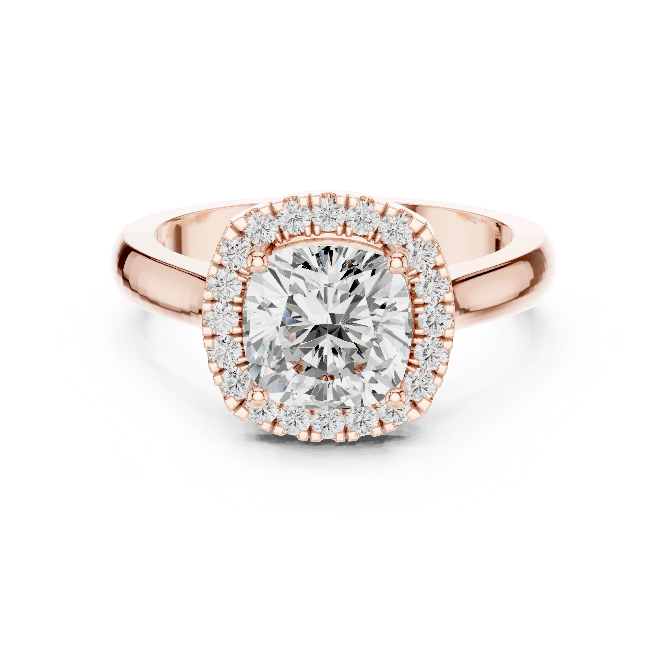Cushion cut halo ring with lab-grown diamond in rose gold with modern romantic finish