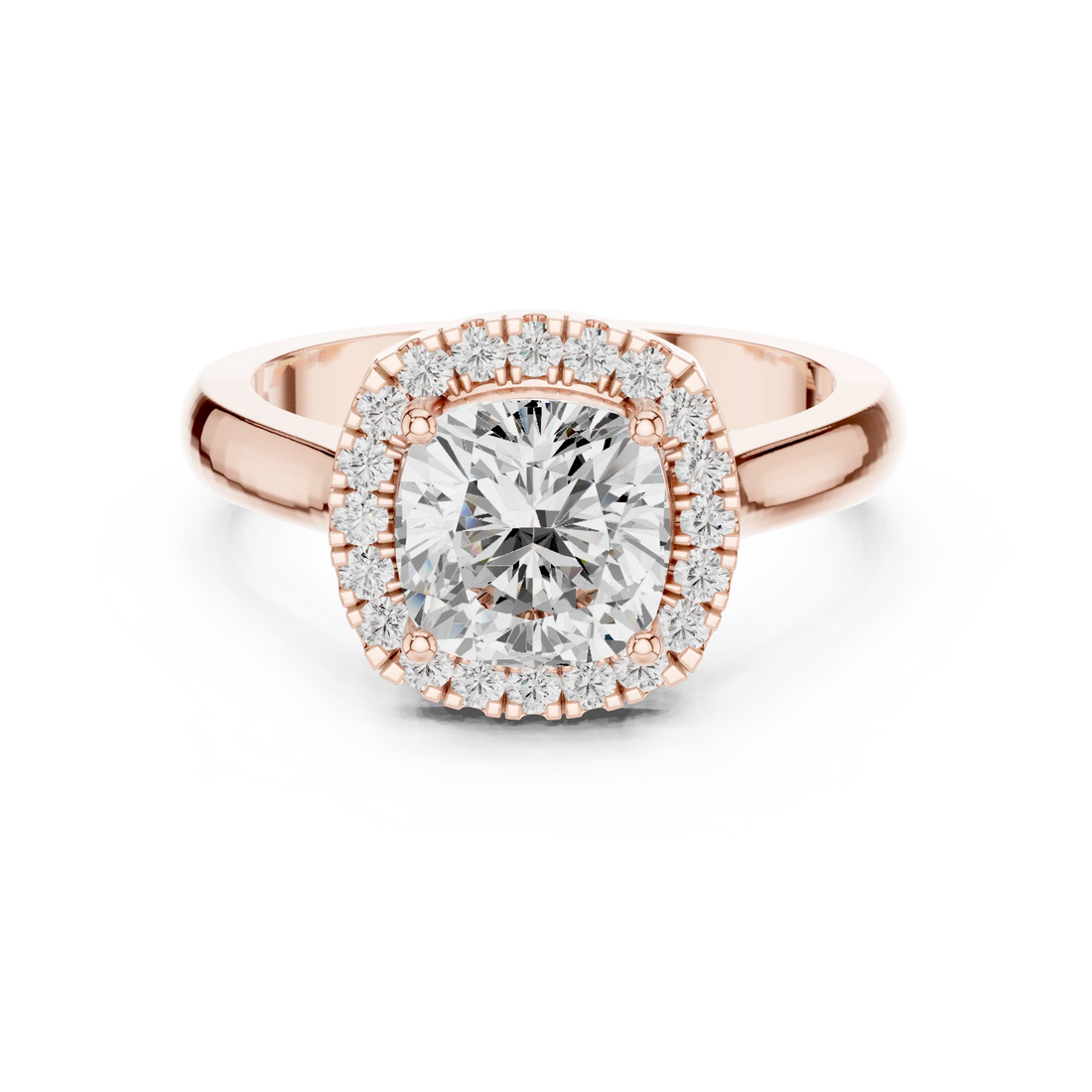 Cushion cut halo ring with lab-grown diamond in rose gold with modern romantic finish