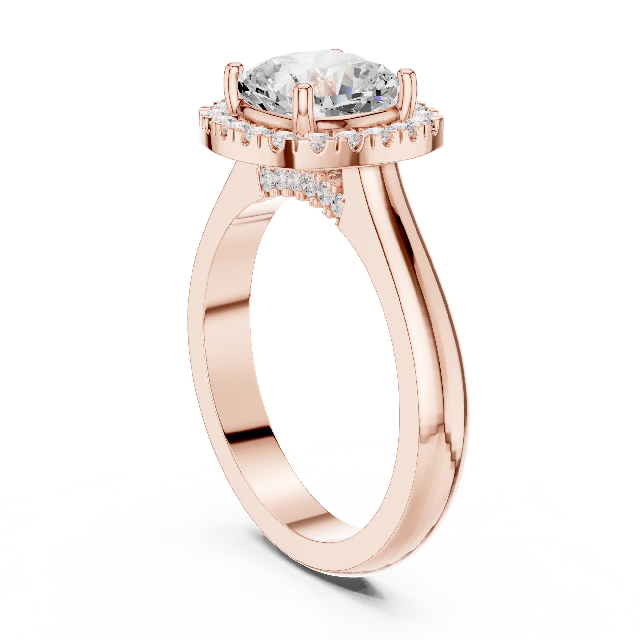 Back view of rose gold cushion halo ring with lab-grown diamond and polished band