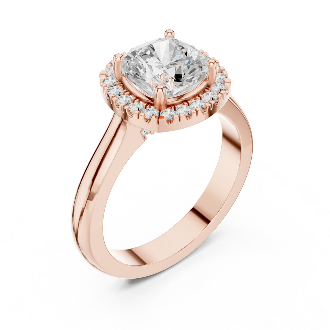 Front view of rose gold cushion halo ring featuring lab-grown diamond with halo setting
