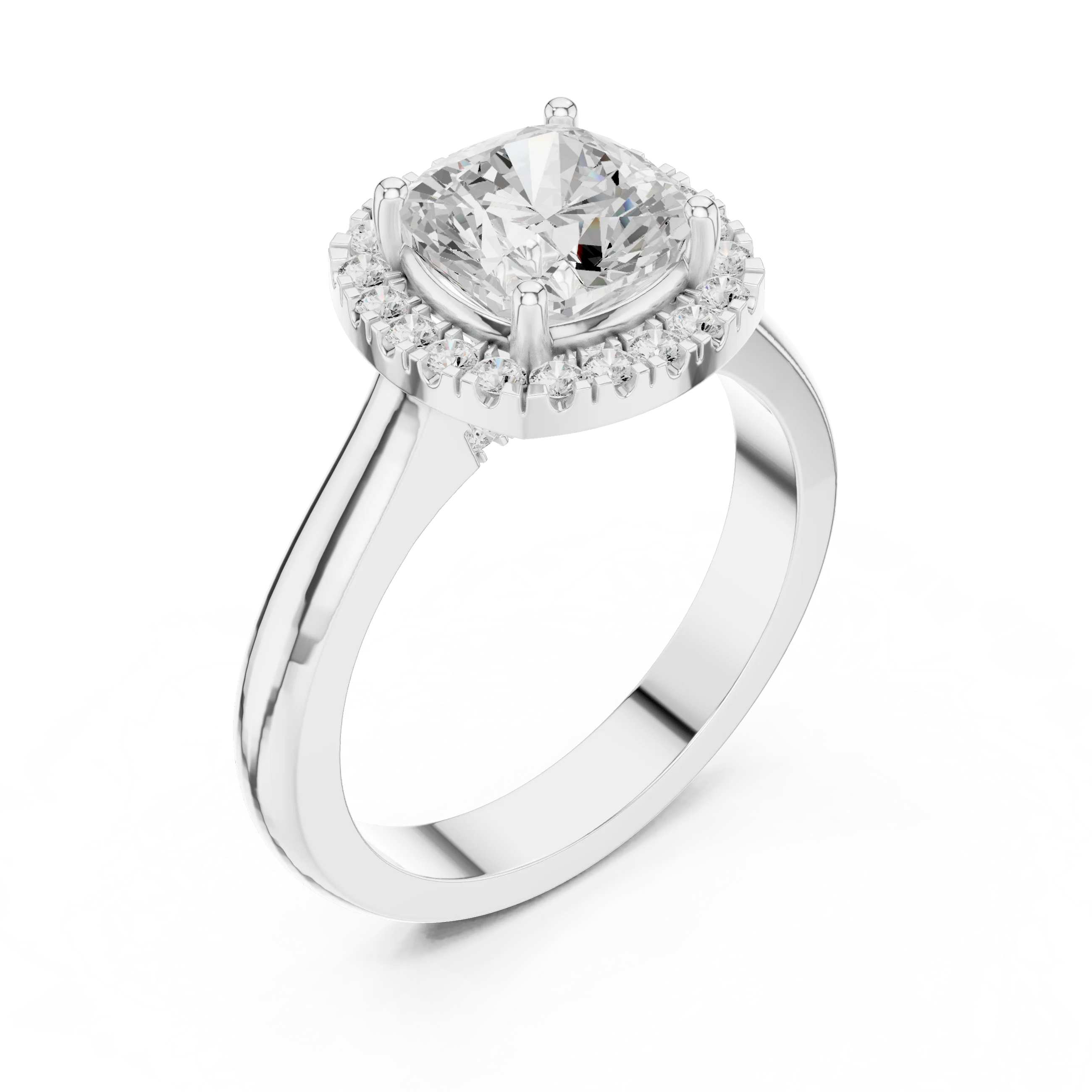 Front view of white gold cushion halo ring featuring lab-grown diamond with halo setting