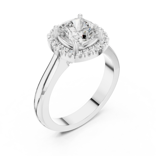Front view of white gold cushion halo ring featuring lab-grown diamond with halo setting