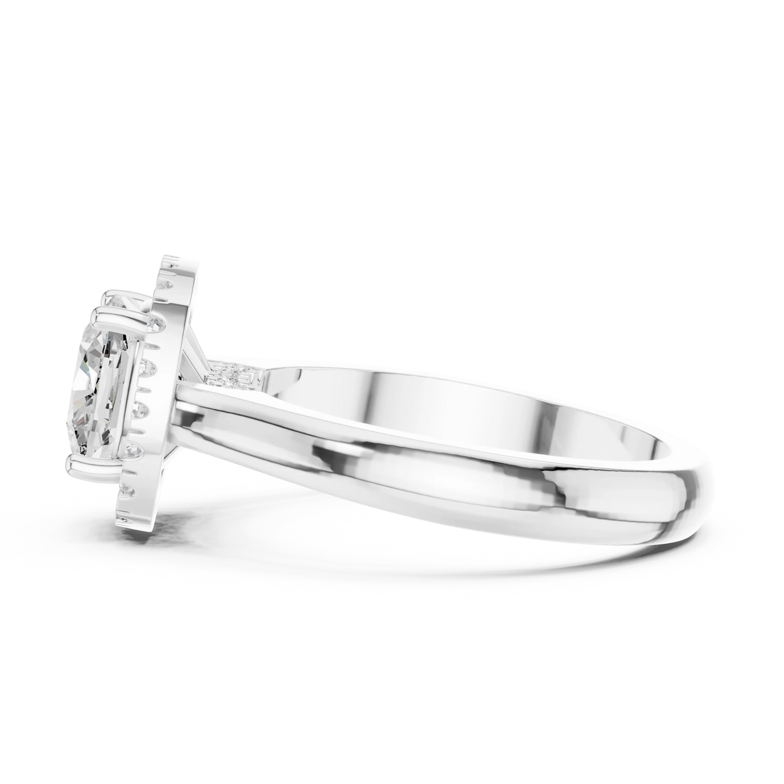 Side view of white gold cushion halo ring highlighting diamond setting and band profile