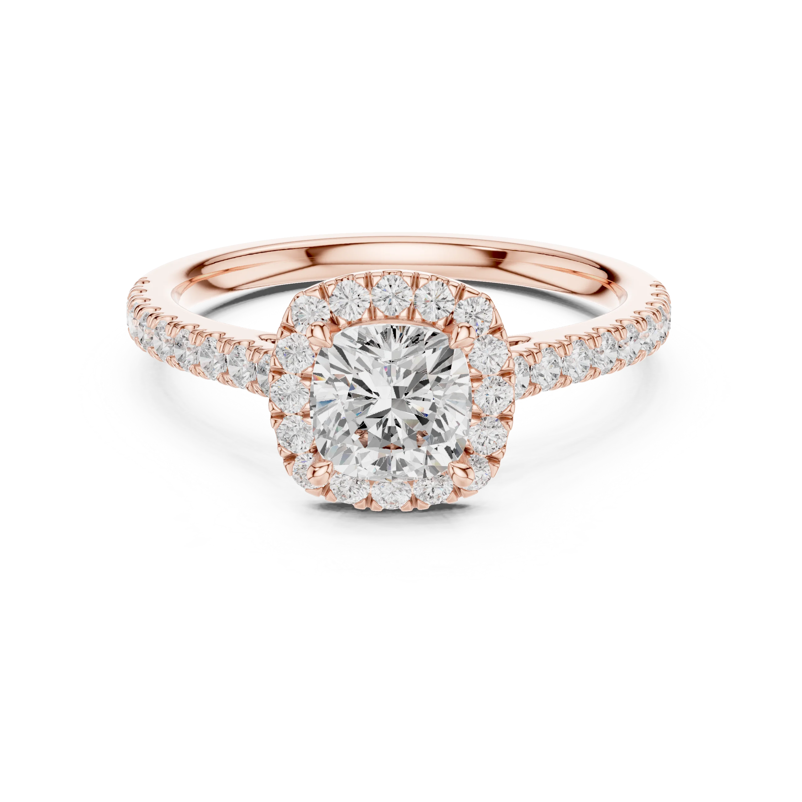Rose gold cushion-cut halo ring with pavé diamond band and lab-grown center stone