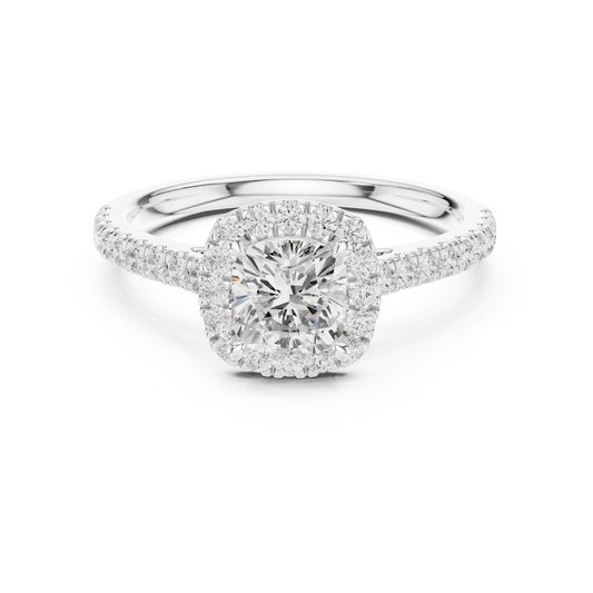 White gold cushion-cut halo ring with pavé diamond band and lab-grown center stone