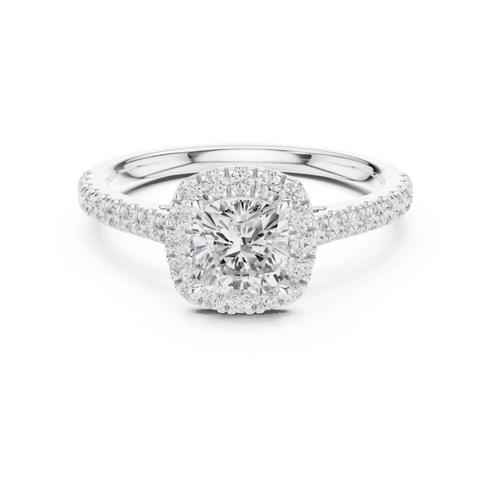 White gold cushion-cut halo ring with pavé diamond band and lab-grown center stone