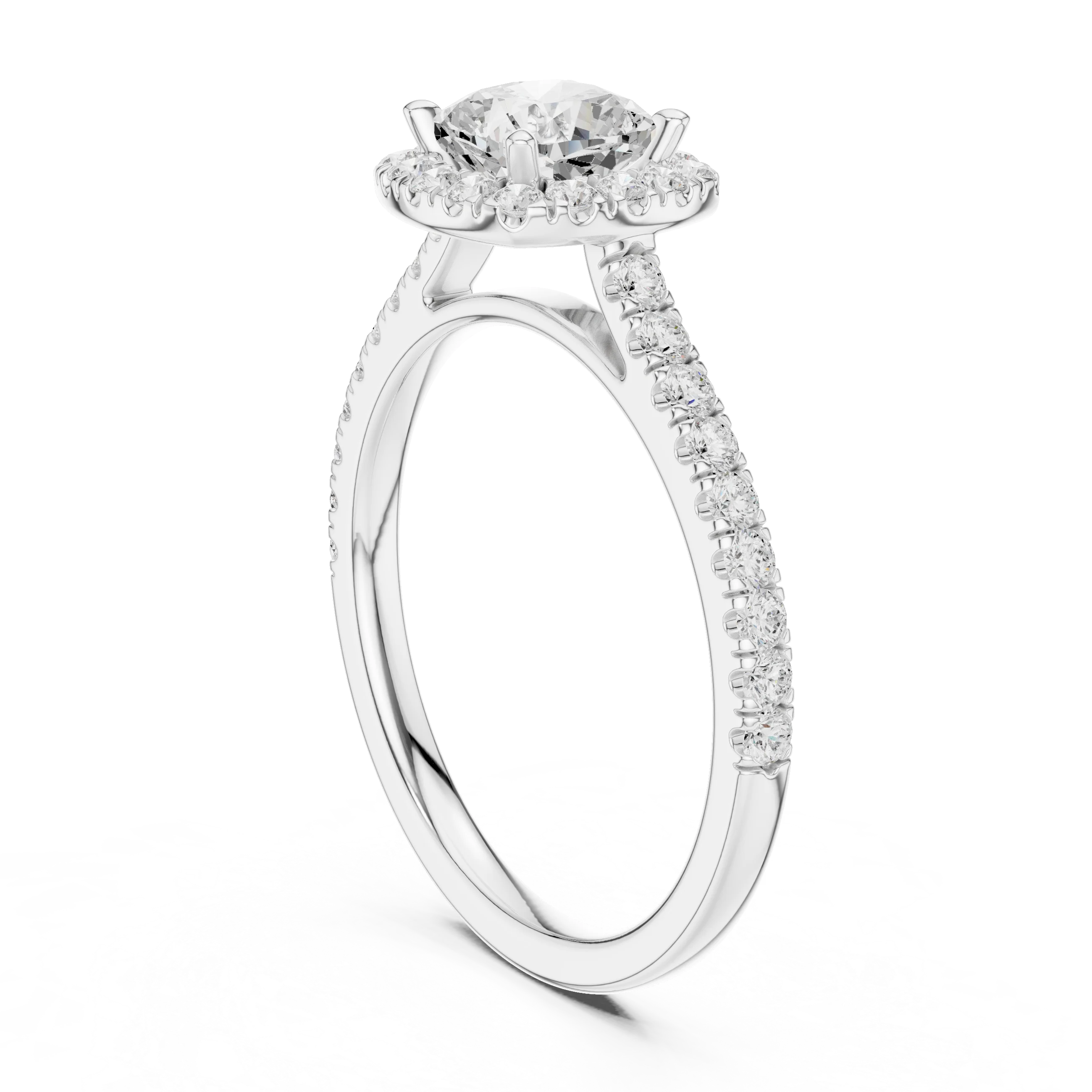 Top side view of white gold cushion-cut halo ring with pavé diamond band and lab-grown center stone