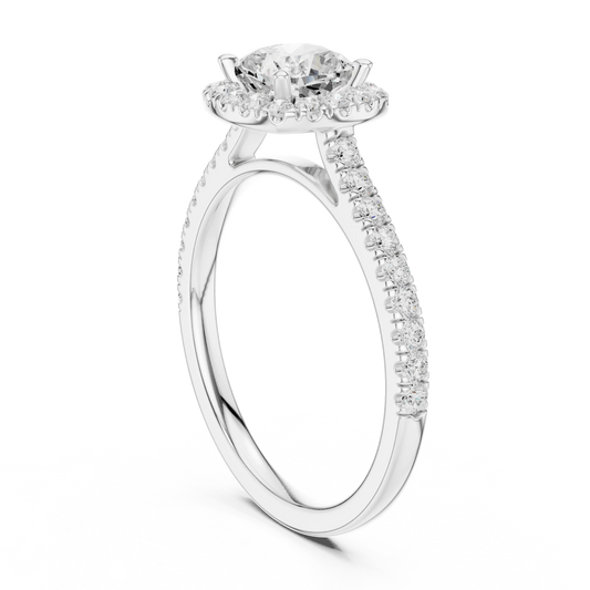 Top side view of white gold cushion-cut halo ring with pavé diamond band and lab-grown center stone