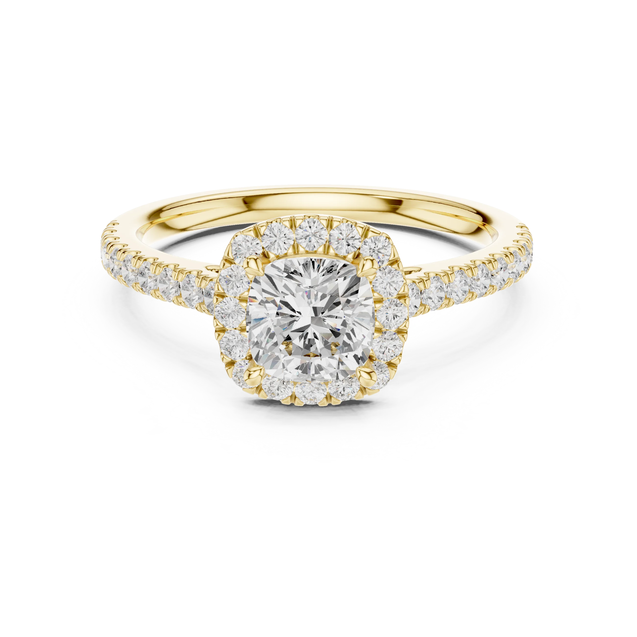 Yellow gold cushion-cut halo ring with pavé diamond band and lab-grown center stone